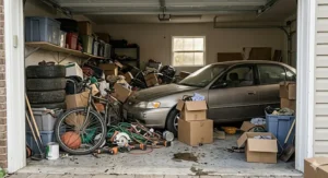A photorealistic 4K photograph capturing the interior of a chaotic garage where an awkwardly parked sedan is buried among boxes, tools, and a bicycle, illustrating the specific mistake of failing to plan a functional layout.