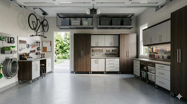 A bright, clean garage with professional storage cabinets and finished floors. garage organization ROI for home value