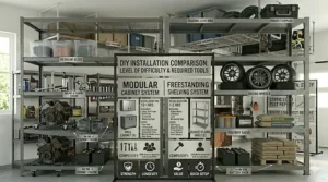 A wide shot of an organized workspace showcasing a garage storage systems comparison guide.
