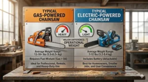 Comparison chart illustrating the typical weight difference between heavy gas chainsaws and lighter electric ones.