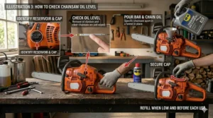 Diagram showing how to check and refill the chain oil reservoir.