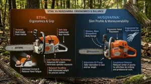 A 4K infographic comparing the ergonomic design and balance points of Stihl versus Husqvarna chainsaws in a natural forest setting.