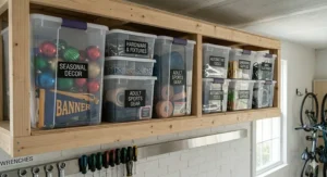 Using clear labeled bins for effective small garage organization ideas on a budget.
