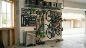 Stackable labeled storage bins keeping garage items organized.