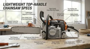 Technical diagram showing the compact build of a professional-grade top handle chainsaw.