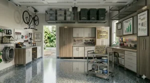 Modular garage cabinets providing efficient organization and clean aesthetics.