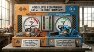 A sound decibel meter graphic comparing the loud noise of gas chainsaws to the quieter operation of electric saws.