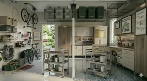 Staged garage with organized storage to attract buyers and boost home value.