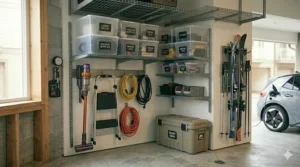 Categorized storage zones for tools and gear in a compact garage.