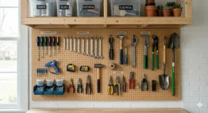 A organized pegboard tool wall representing small garage organization ideas on a budget.