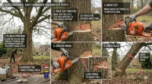 Step-by-step illustration of the notch and back-cut for felling a tree.