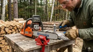 Maintaining a sharp chain on a chainsaw for cutting firewood effectively.