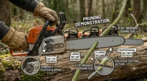 A small chainsaw (under 14 inches) being used for light pruning and trimming branches.