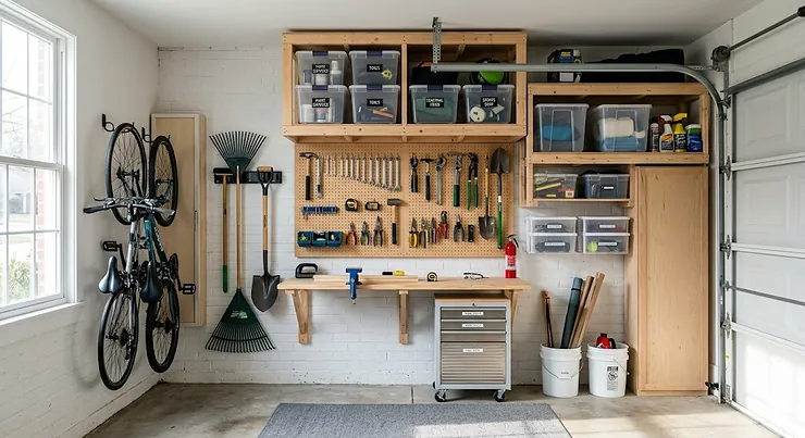 Modern small garage organization ideas on a budget featuring wall-mounted racks and labeled bins.