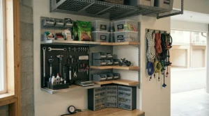 Corner shelving unit maximizing small garage storage space.