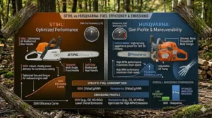 Chart comparing fuel efficiency and emissions between Stihl and Husqvarna models.