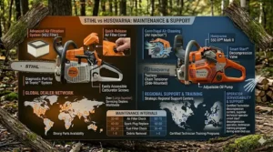 Comparison graphic for air filtration and general maintenance of Stihl vs Husqvarna.