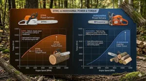 Comparison graphic showing Stihl's low-end torque versus Husqvarna's high-revving power.