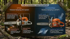 Visual representation of anti-vibration technology in Stihl and Husqvarna saws.