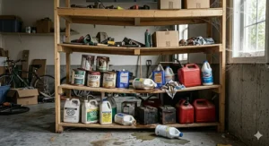 A photorealistic 4K photograph capturing the dangerous garage organization mistake of storing hazardous chemicals, like gasoline and paint, on low, unstable shelves.