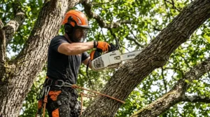 Professional arborist using a compact top handle chainsaw while climbing a tree.