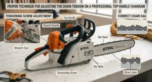 Proper technique for adjusting the chain tension on a professional top handle chainsaw.