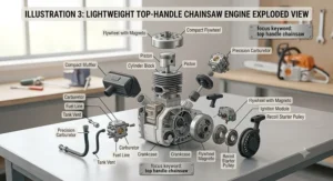 Exploded view of a lightweight top handle chainsaw engine and internal components.