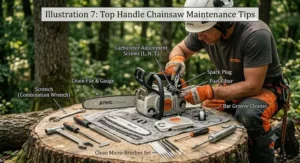 Basic maintenance tools laid out next to a cleaned top handle chainsaw.