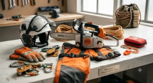 Essential safety gear for operating a top handle chainsaw, including helmet and chaps.