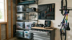Metal vertical shelving units maximizing apartment garage floor space.