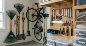 Vertical storage wall showing effective small garage organization ideas on a budget for tools.