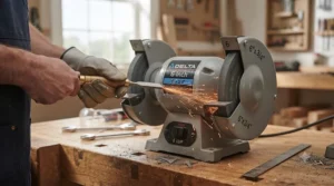 A 6-inch bench grinder being used for sharpening small hand tools and light home DIY tasks.