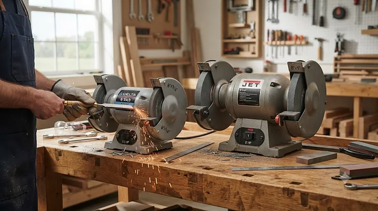 A comparative view of 6-inch vs 8-inch bench grinders showing the size and wheel differences for workshop projects. 6 inch vs 8 inch bench grinder