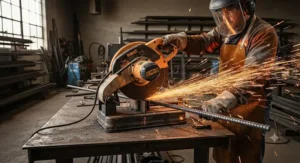 An abrasive cut off saw operating and producing a heavy stream of sparks while cutting rebar