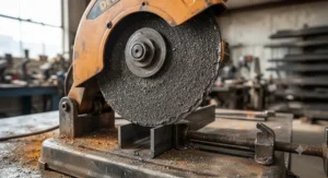 Close-up view of a worn abrasive wheel on a cut off saw
