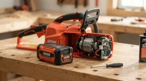 Diagram showing battery pack and motor assembly of an electric top handle chainsaw