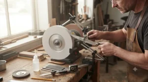 Close-up of a bench grinder configured with a tool rest for knife sharpening.