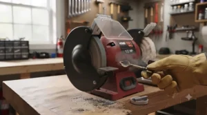 Polishing a small metal component using a buffing wheel on a bench grinder.