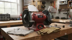 Safety goggles and gloves placed next to a bench grinder for home shop use.