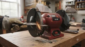 Using a bench grinder for home shop projects to sharpen a steel wood chisel.