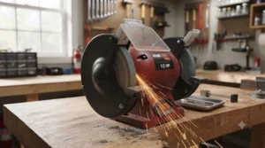Clear spark guard shield on a bench grinder in a home shop environment.