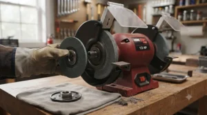 Close-up of changing an abrasive wheel on a bench grinder for home shop maintenance.
