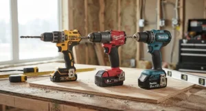 DeWalt, Milwaukee, and Makita 20V Max and 18V LXT cordless drill drivers ready for a jobsite comparison.