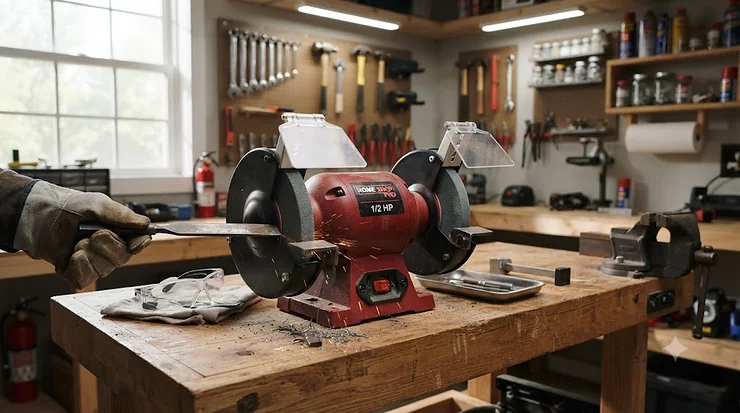 Bench grinder mounted on a stable workbench in an organized home shop. bench grinder for home shop