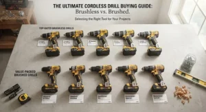 Collection of top-rated brushless and brushed power drills laid out for a buying guide