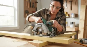 Close-up of a DIYer testing the best budget circular saw on a 2x4 lumber board.