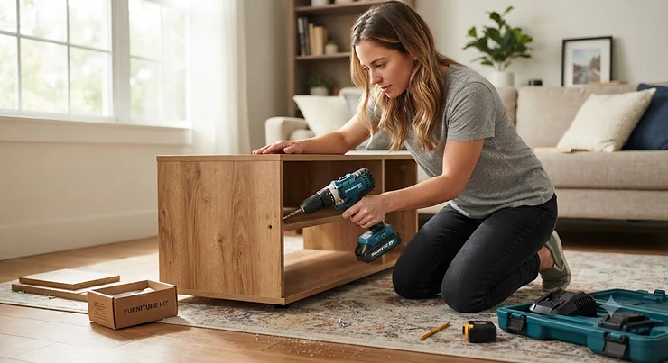 A homeowner using the best cordless drill set to assemble furniture in a living room.