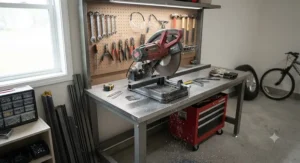 A compact metal cut off saw setup in a residential home garage workshop.