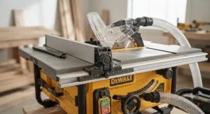 Close-up view of the adjustable fence and blade guard on a modern portable table saw.