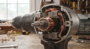 Close-up view of carbon brushes inside a traditional brushed drill motor